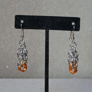 Aluminum Chainmail Silver with Orange tip Dangle Earrings